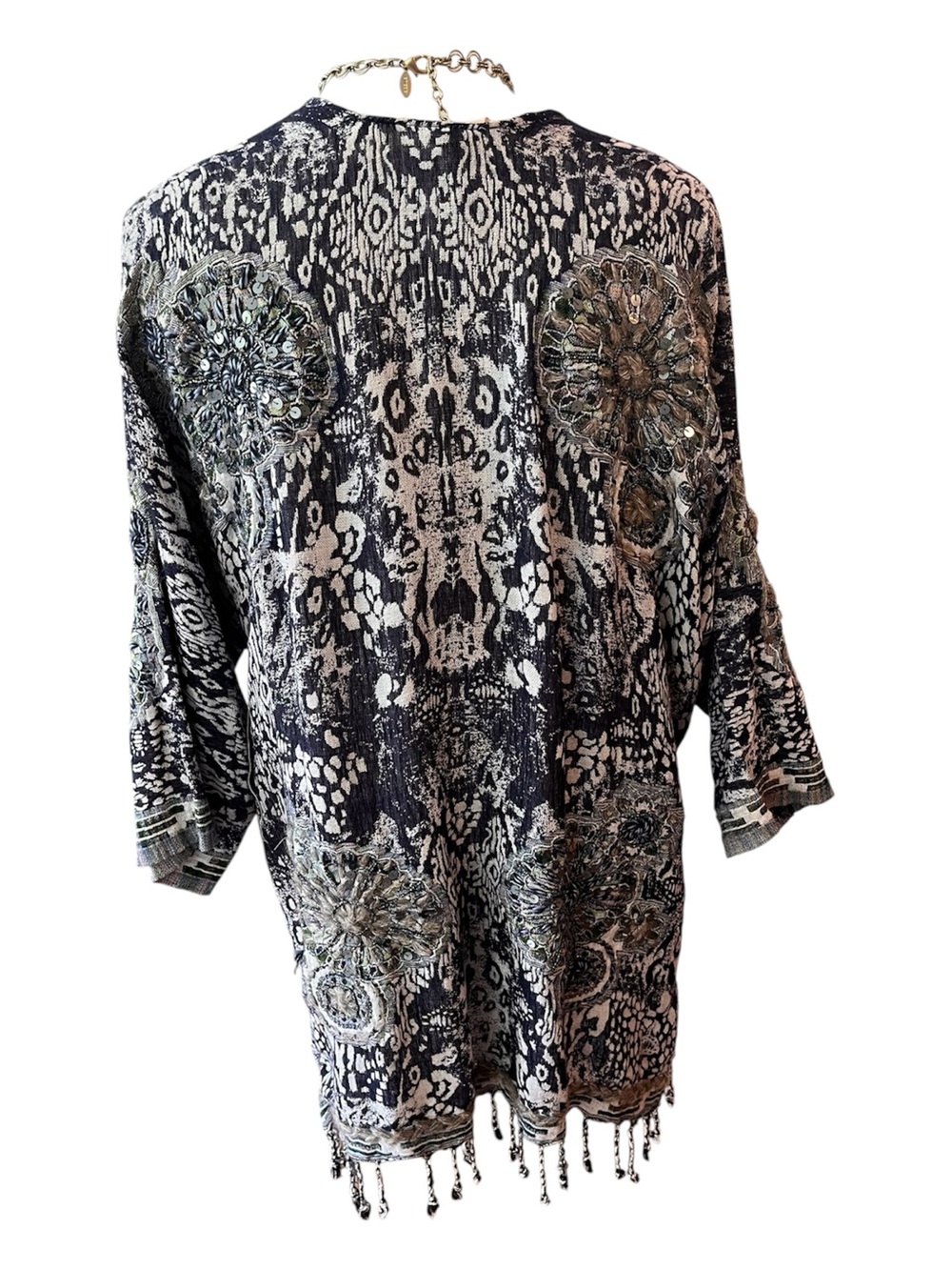 Soft Surroundings Boho Navy and Cream Textured Fringe Kimono S/M - Picture 3 of 9
